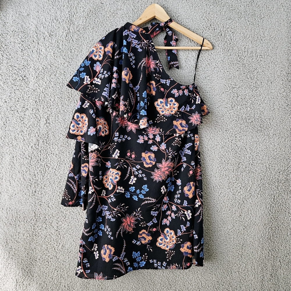Ella Moon One Shoulder Mini Dress Large L Floral Ruffle Bow Tie Neck Blue Pink - Picture 5 of 15